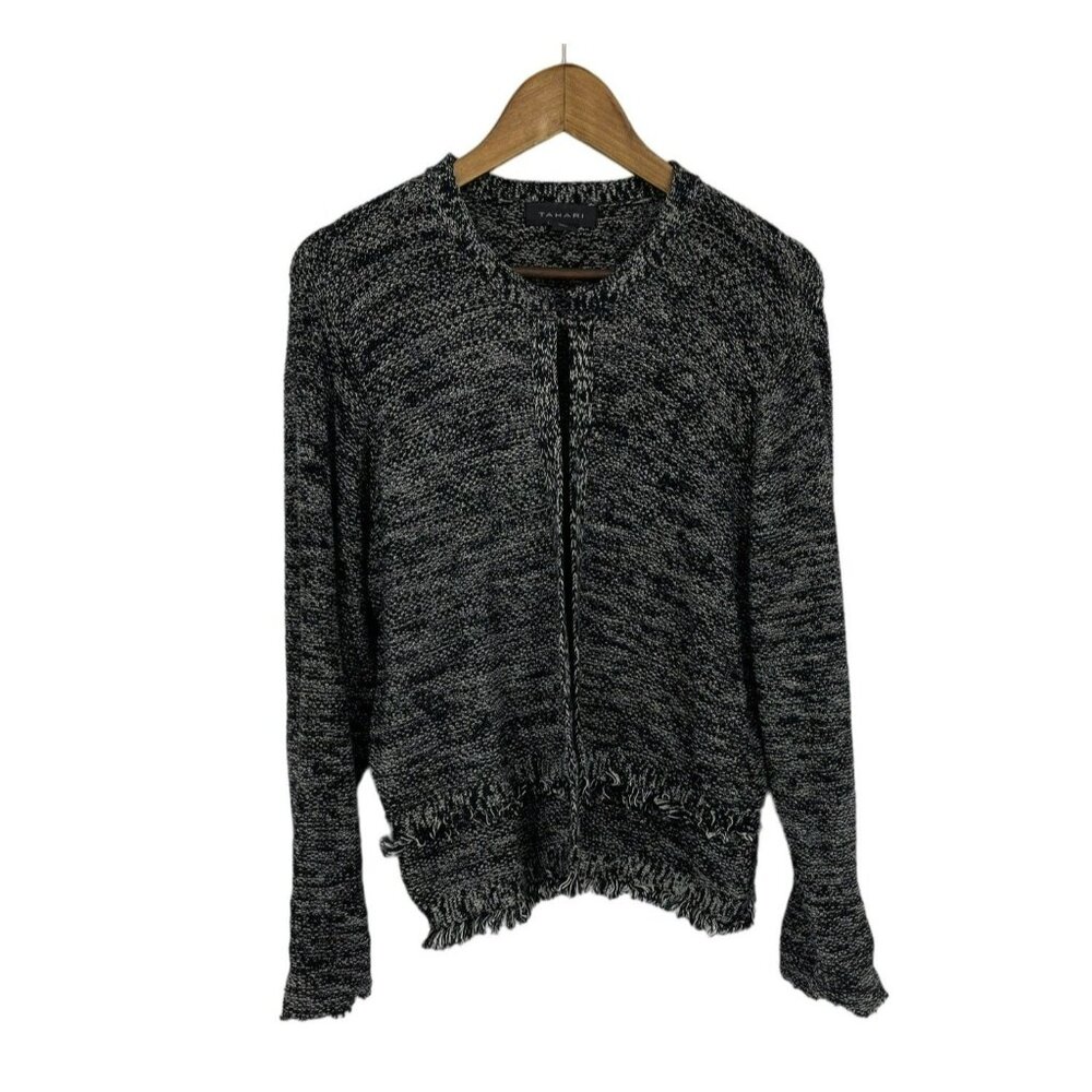 Tahari Womens Hook and Eye Close Cardigan Sweater Black White Fringe Size XL